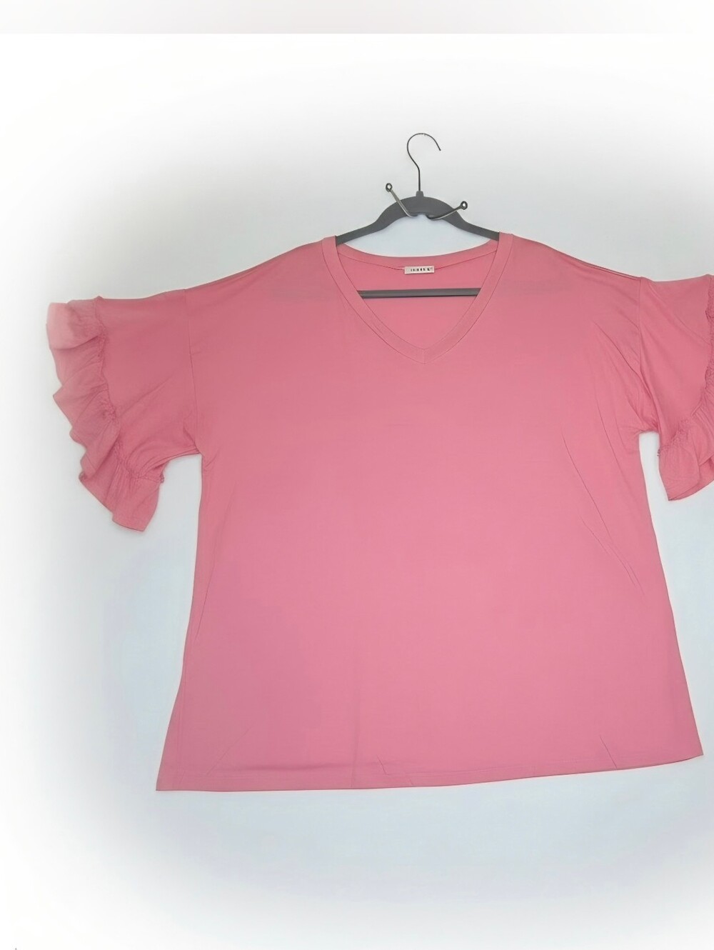 Relaxed Pink V-Neck Top with Ruffle Sleeves Size 2X